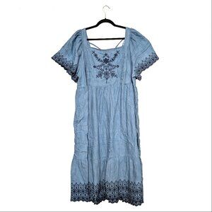 Blue Flutter-Sleeve Tie-Back Chambray Midi Dress Size 4X